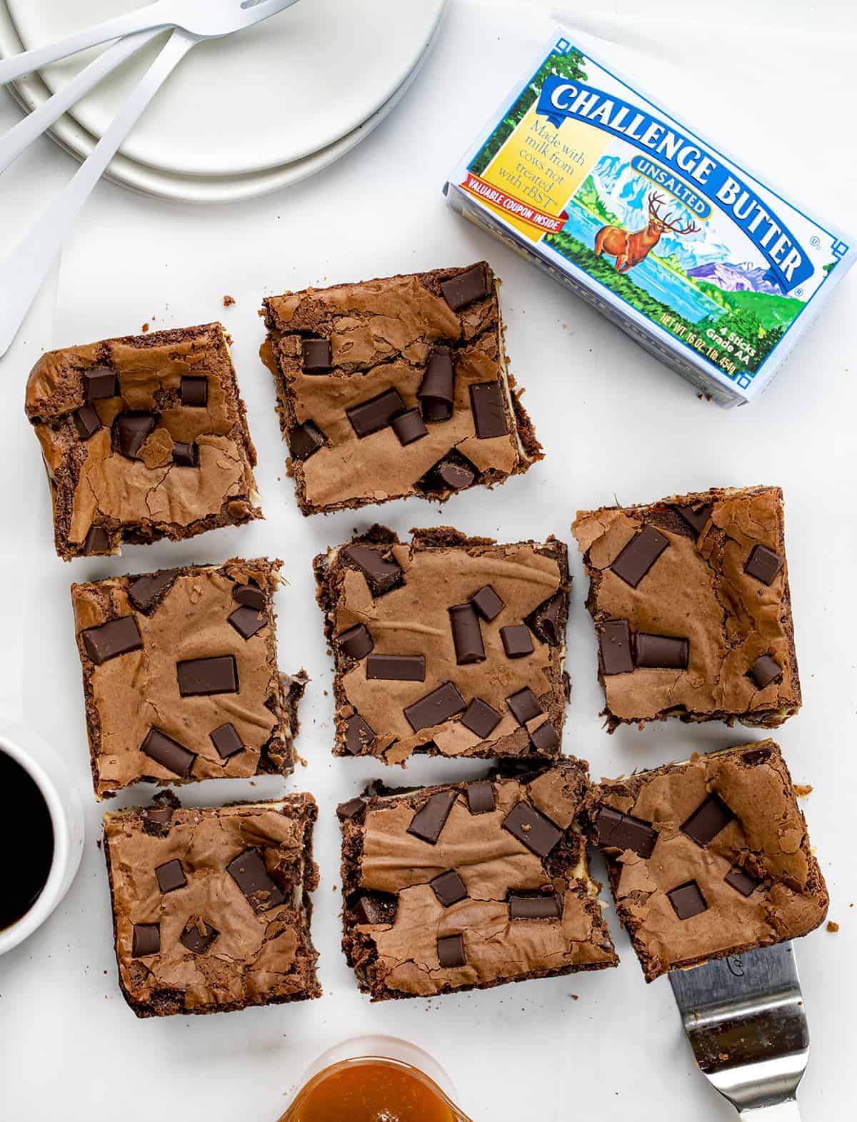 24 Hour Caramel Brownies are homemade brownies with a layer of caramel baked in between and topped with chocolate morsels. Brownies, Chocolate Brownies, Chocolate Caramel Brownies, Real Caramel Brownies, Dessert, Baking, Chilled Brownies, Challenge Butter, Ooey Gooey Brownies, i am baker, iambaker 24 Hour Caramel Brownies Cut Up Into Pieces