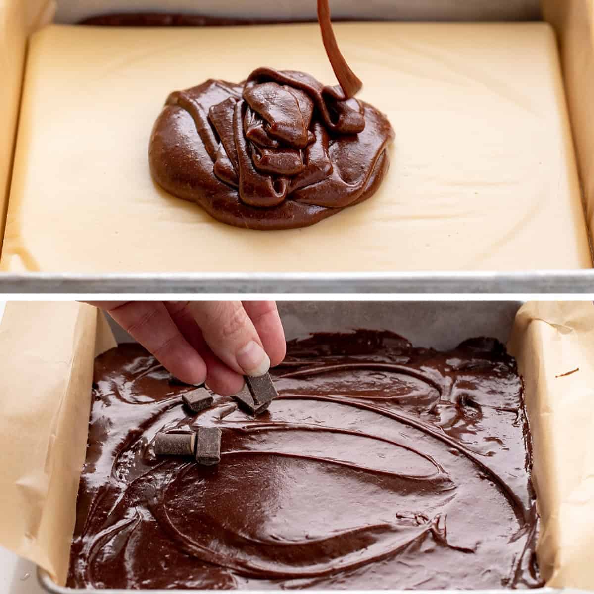 24 Hour Caramel Brownies are homemade brownies with a layer of caramel baked in between and topped with chocolate morsels. Brownies, Chocolate Brownies, Chocolate Caramel Brownies, Real Caramel Brownies, Dessert, Baking, Chilled Brownies, Challenge Butter, Ooey Gooey Brownies, i am baker, iambaker Adding Brownie Batter on Top of Caramel Layer then adding chocolate chunks on top for 24 Hour Caramel Brownies