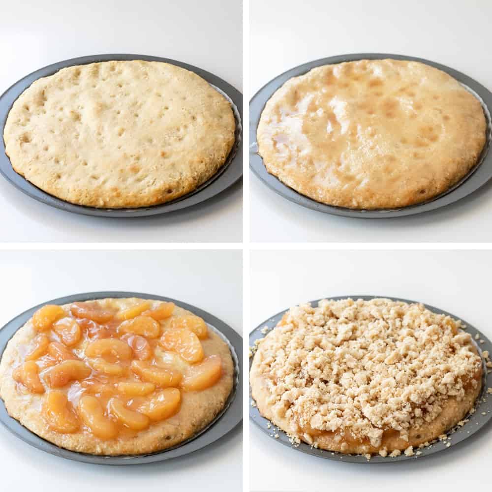 Apple Dessert Pizza is a delightful and unique treat that combines the flavors of a classic apple pie with the fun and convenience of a pizza. It starts with a soft focaccia bread crust topped with cinnamon butter spread, apple pie filling, and crumble topping for a little crunch. And then, a simple glaze is drizzled over the top. It will satisfy your sweet tooth with its cinnamon apple flavor and sweet glaze! Steps for Making an Apple Dessert Pizza with Baking, Brushing with Cinnamon Butter, Apples, and Crumble.