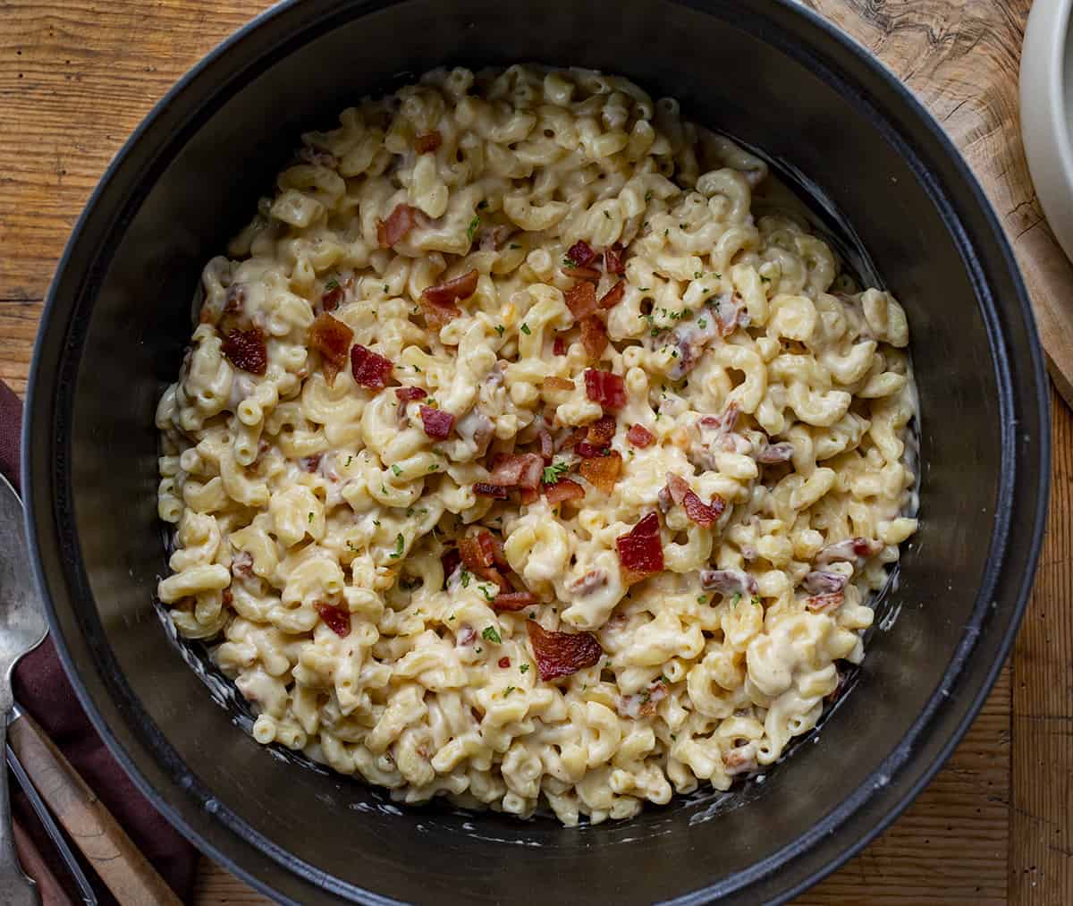 Bacon Macaroni Cheese is creamy and cheesy homemade mac n cheese made with elbow macaroni, two kinds of cheese, and crumbled bacon. Macaroni and Cheese, Mac n Chz, Mac n cheese, homemade mac and cheese, bacon mac n cheese, dinner, supper, bacon mac, iambaker, i am baker, appetizer Overhead of Pot of Bacon Macaroni and Cheese
