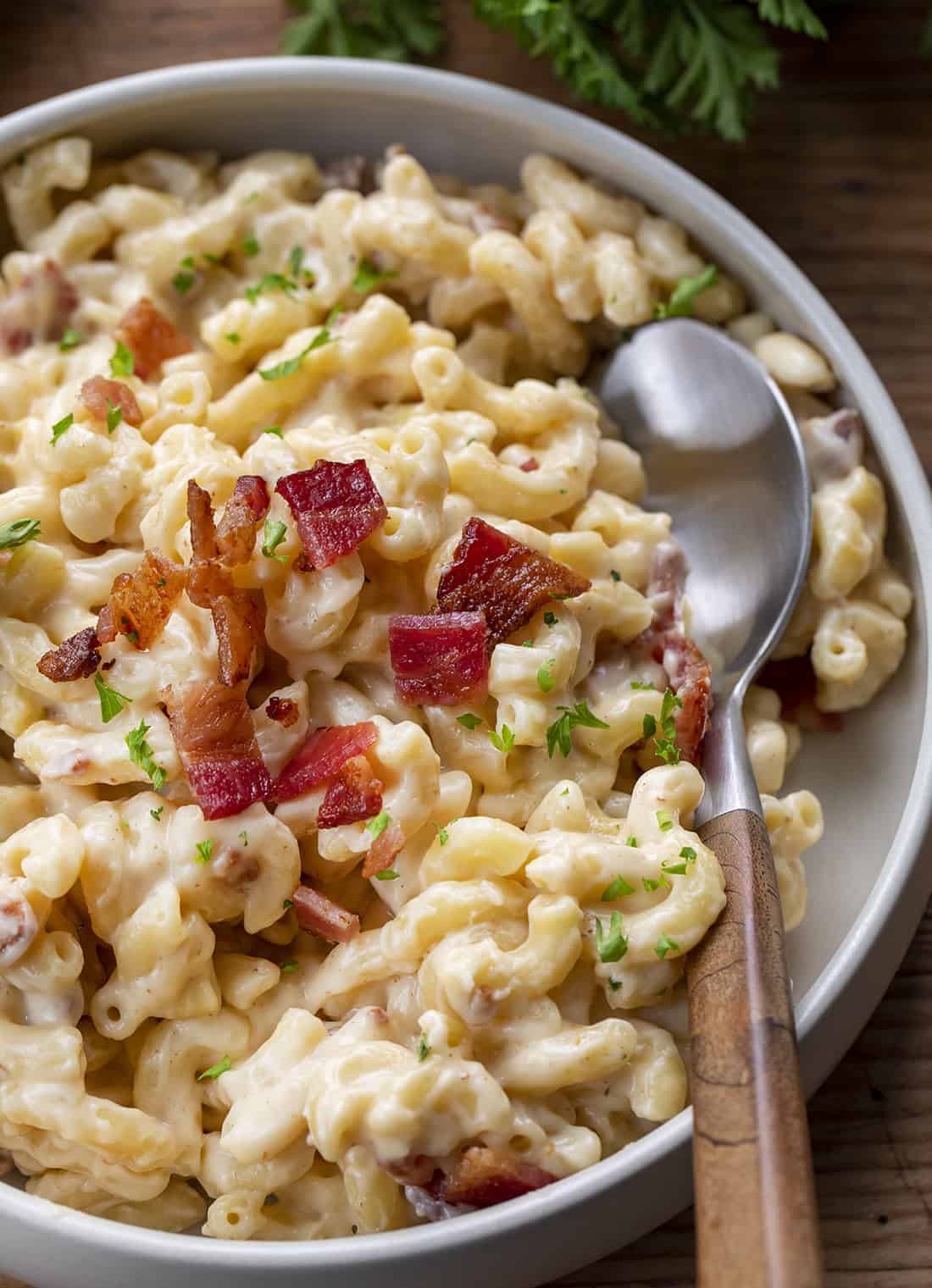 Bacon Macaroni Cheese is creamy and cheesy homemade mac n cheese made with elbow macaroni, two kinds of cheese, and crumbled bacon. Macaroni and Cheese, Mac n Chz, Mac n cheese, homemade mac and cheese, bacon mac n cheese, dinner, supper, bacon mac, iambaker, i am baker, appetizer Bowl of Bacon Macaroni and Cheese with Spoon