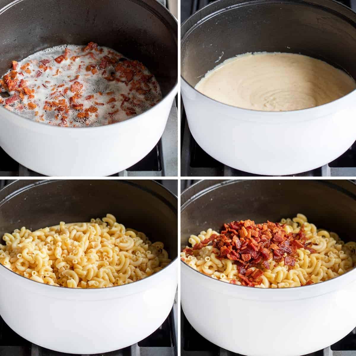 Bacon Macaroni Cheese is creamy and cheesy homemade mac n cheese made with elbow macaroni, two kinds of cheese, and crumbled bacon. Macaroni and Cheese, Mac n Chz, Mac n cheese, homemade mac and cheese, bacon mac n cheese, dinner, supper, bacon mac, iambaker, i am baker, appetizer How to Make Bacon Macaroni and Cheese Process Steps