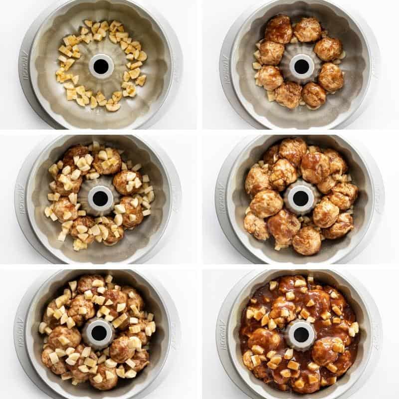 Steps for Layering Banana Bread Rolls and Banana Pieces. Breakfast, Monkey Bread, Baking, Breakfast Bread, Morning, Breakfast Recipes, Monkey Bread with Bananas, Bananas Foster Monkey Bread, Bread Bombs, i am baker, iambaker