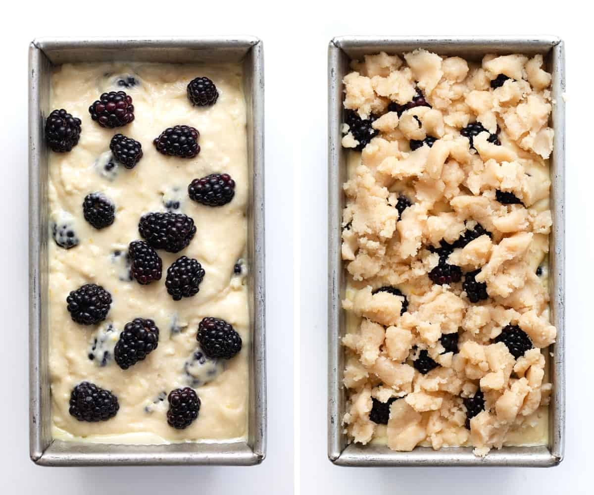 Blackberry Lemon Loaf is a moist, cake-like loaf with lots of fresh blackberries and tangy lemon flavor, topped with a buttery, crumbly topping. And then, a sweet glaze is drizzled over the loaf. Enjoy a slice anytime you crave a sweet and zesty treat Raw Blackberry Lemon Loaf Batter in a Pan and Then with Crumble on Top.