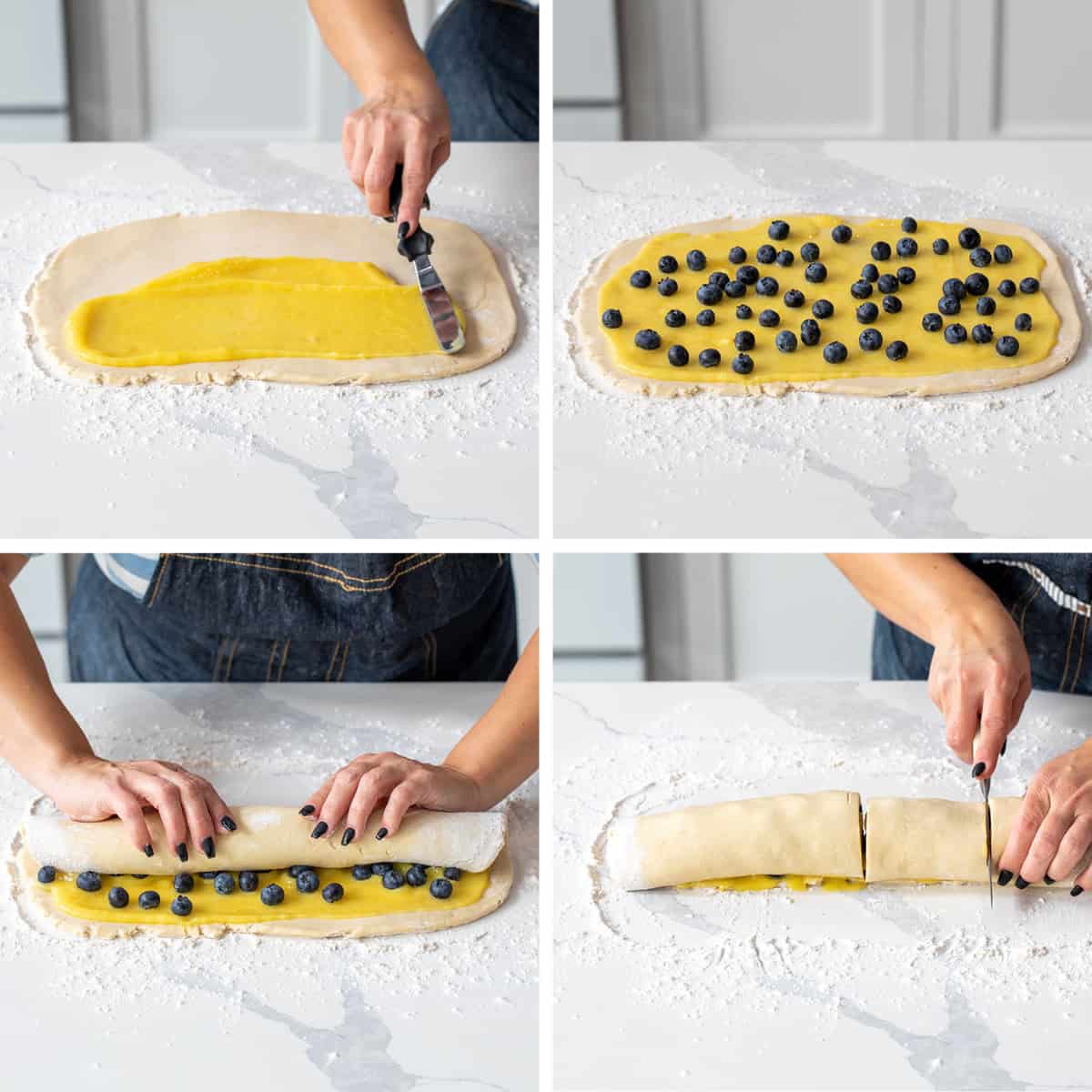Blueberry Lemon Skillet Rolls are super soft rolls baked with lemon curd and fresh blueberries, then topped with a homemade blueberry sauce. They are the perfect treat for breakfast, brunch, or anytime you are craving one! I used an overnight dough to make things really easy for busy people, but no fear, there are also instructions for quicker use Stesp for Rolling out Dough, Adding Lemon Curd, Blueberries, and then Rolling and Cutting into Rolls to Make Blueberry Lemon Skillet Rolls.