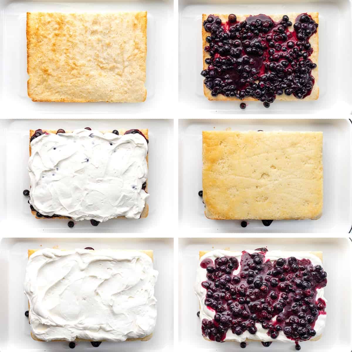 Sheet Pan Blueberry Shortcake Cake starts with a delicious white cake that is cut in half and layered with a homemade blueberry mixture and whipped cream cheese topping. It's a delightful dessert, combining the tender cake base with a sweet and tangy blueberry topping. The creamy whipped topping adds a luxurious and creamy element to the dessert, making it a perfect treat for any occasion. Steps for Making Sheet Pan Blueberry Shortcake Cake by Building Layers with White Cake, Whipped Cream, and Blueberry Filling.