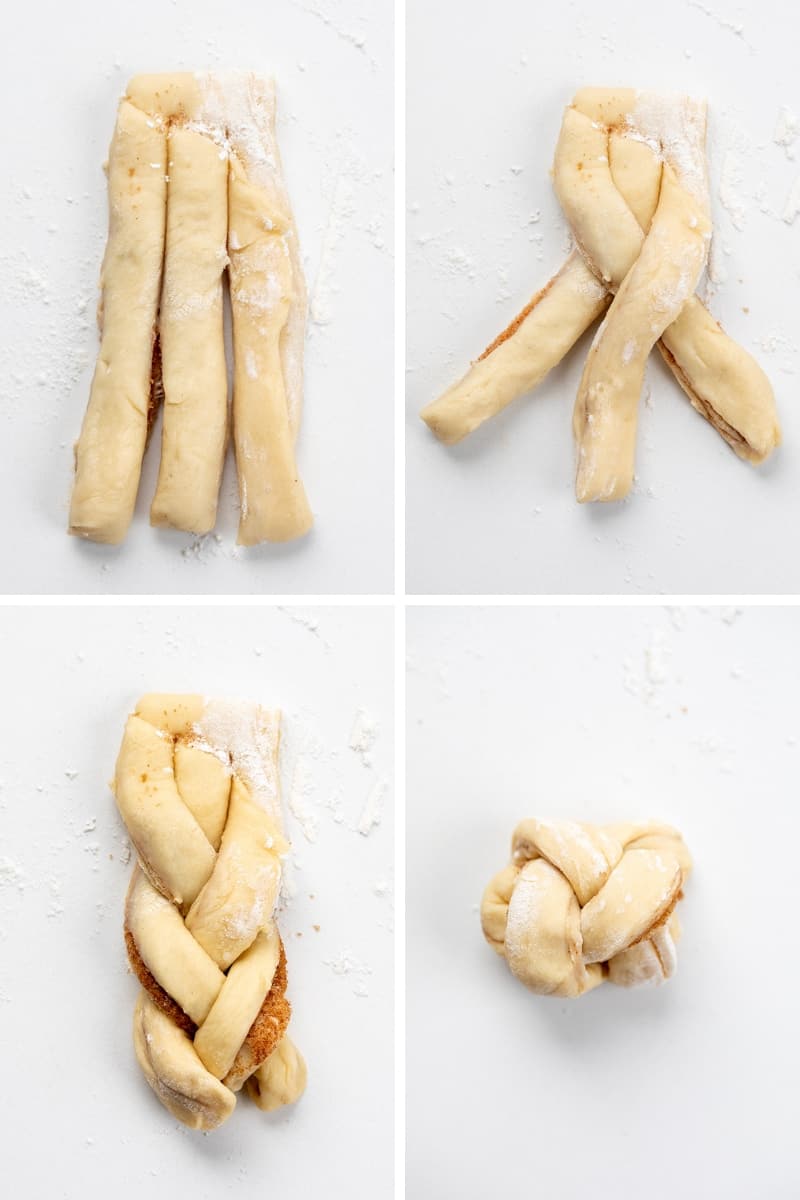 Braided Cinnamon Rolls are a delightful variation of the classic sweet rolls with a beautifully woven braided appearance, drizzled with a cream cheese glaze. They are so soft and the combination of cinnamon, brown sugar, and butter in each layer makes them so irresistible! They are wonderful without the glaze, too. You can also make these in an air fryer! Steps for Showing How to Braid Braided Cinnamon Rolls.