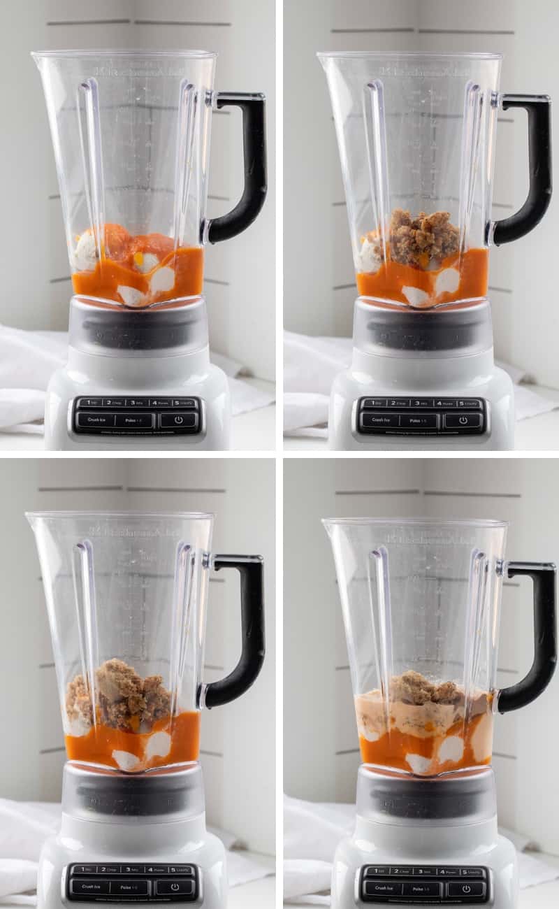 Carrot Cake Milkshake is a delightful and indulgent treat made with classic carrot cake flavors you can taste in each sip! In fact, I even used pieces of carrot cake in the shake. It will surely satisfy your sweet tooth and can be made in just a few minutes. But, there is a SURPRISE INGREDIENT that just might shock you!! Adding Ingredients to Blander for Carrot Cake Milkshake.