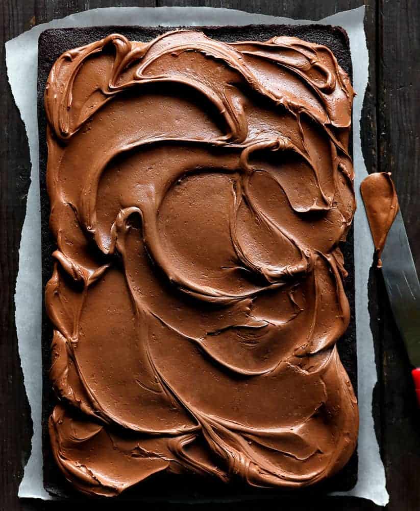 If you are looking for a UNIQUE recipe that packs a chocolate punch, this is the recipe for you! #chocolatecake #oldfashionedchocolatecake #recipes #baking #chocolate #perfectchocolatecake #chocolatefrosting #creamychocolatefrosting #iambaker The Best Chocolate Sheet Cake Overhead Image