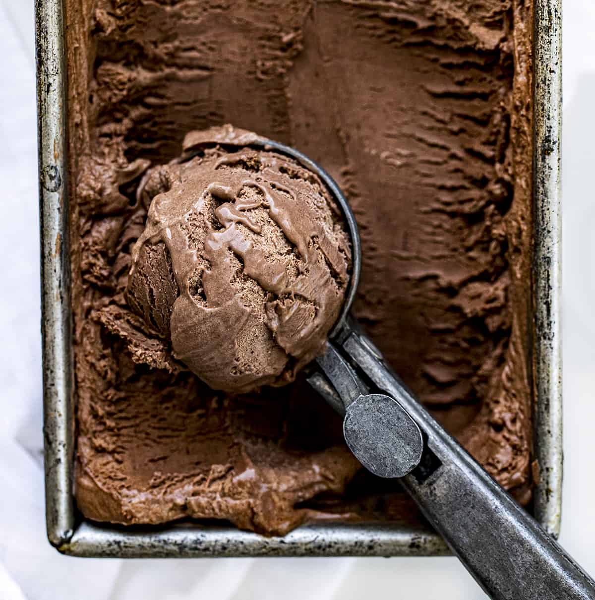 Very Close up of a Scoop of No-Churn Chocolate Ice Cream.