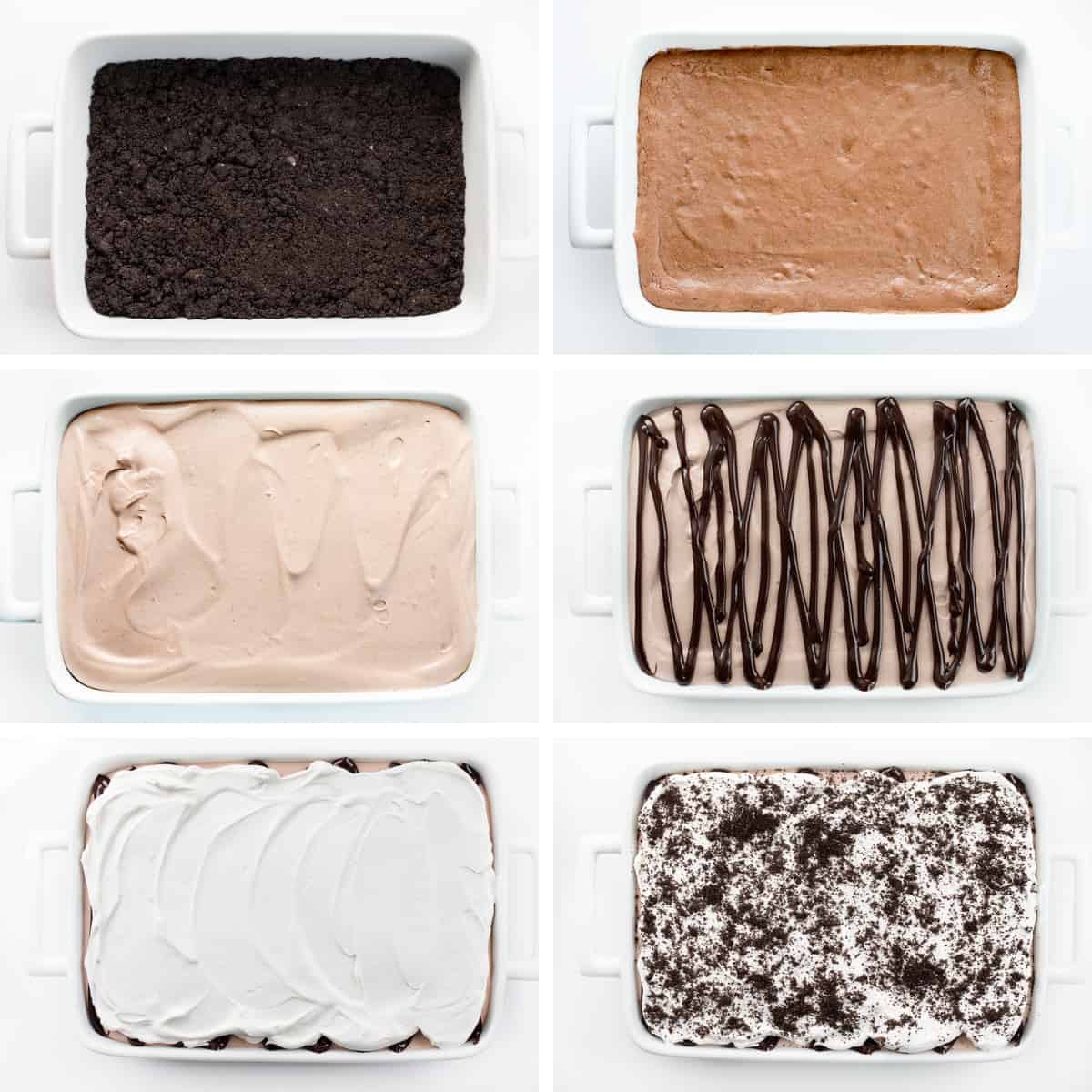 Chocolate Mud Bars are a rich and indulgent layered dessert with an Oreo cookie crust topped with fudgy brownies, chocolate mousse, hot fudge, and whipped cream. It's a chocolate lover's dream dessert that combines different textures and flavors to create a truly lavish treat! Steps for Adding Oreo, Chocolate Pudding, Brownie, Hot Fudge, Whipped Cream, and Oreo Crumbs to a Pan to Make Chocolate Mud Bars.