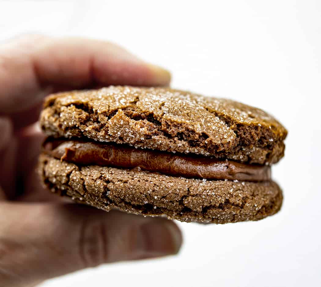Chocolate Sandwich Cookies are soft, chewy, sugary chocolate cookies with a layer of decadent chocolate frosting in between. It's a chocolate lovers dream! Hand Holding a Chocolate Sandwich Cookie.