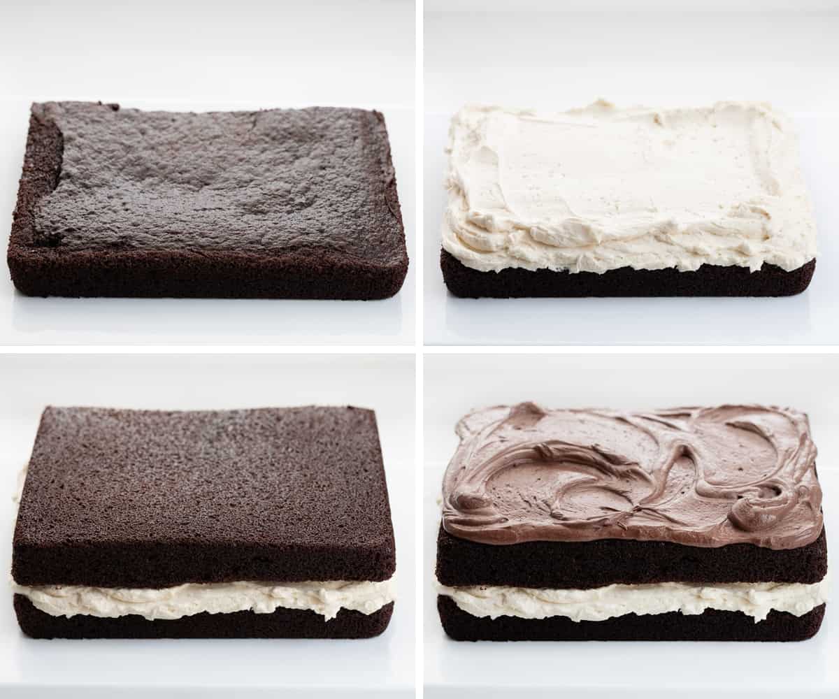 Ding Dong Sheet Cake is a decadent dessert with two layers of chocolate cake sandwiched together with a creamy filling and topped with chocolate frosting. The finished cake resembles a giant, elevated version of the popular chocolate-coated snack cake known as a "Ding Dong." It makes for a stunning and indulgent treat that is sure to delight chocolate lovers! Steps for Assembling a Ding Dong Sheet Cake with Chocolate Cake, Classic ERmine Frosting, and Chocolate Ermine Frosting.