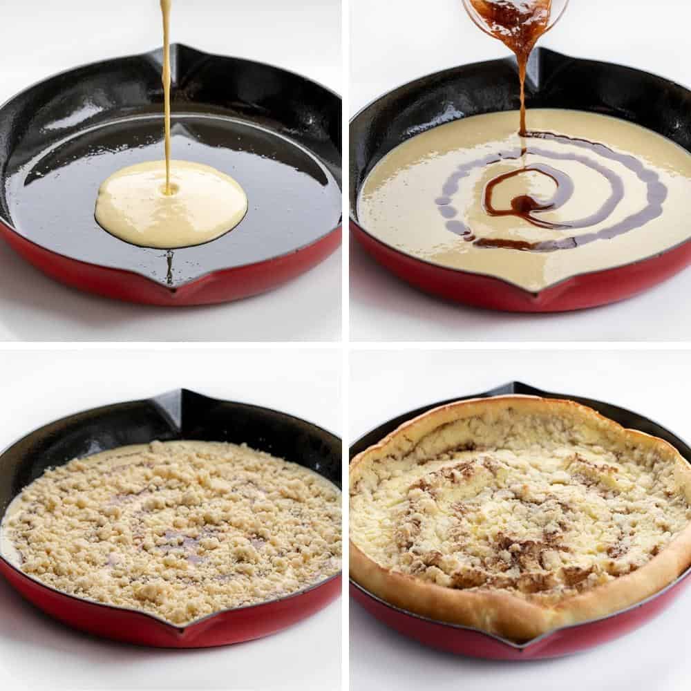 Process for Adding Batter, Cinnamon Glaze, Crumble, and then Baking a Cinnamon Sugar Dutch Baby. breakfast, dutch baby recipes, how to make a dutch baby, crazy crust, crazy crust dessert, easy breakfast, sweet dutch baby, i am baker, iambaker