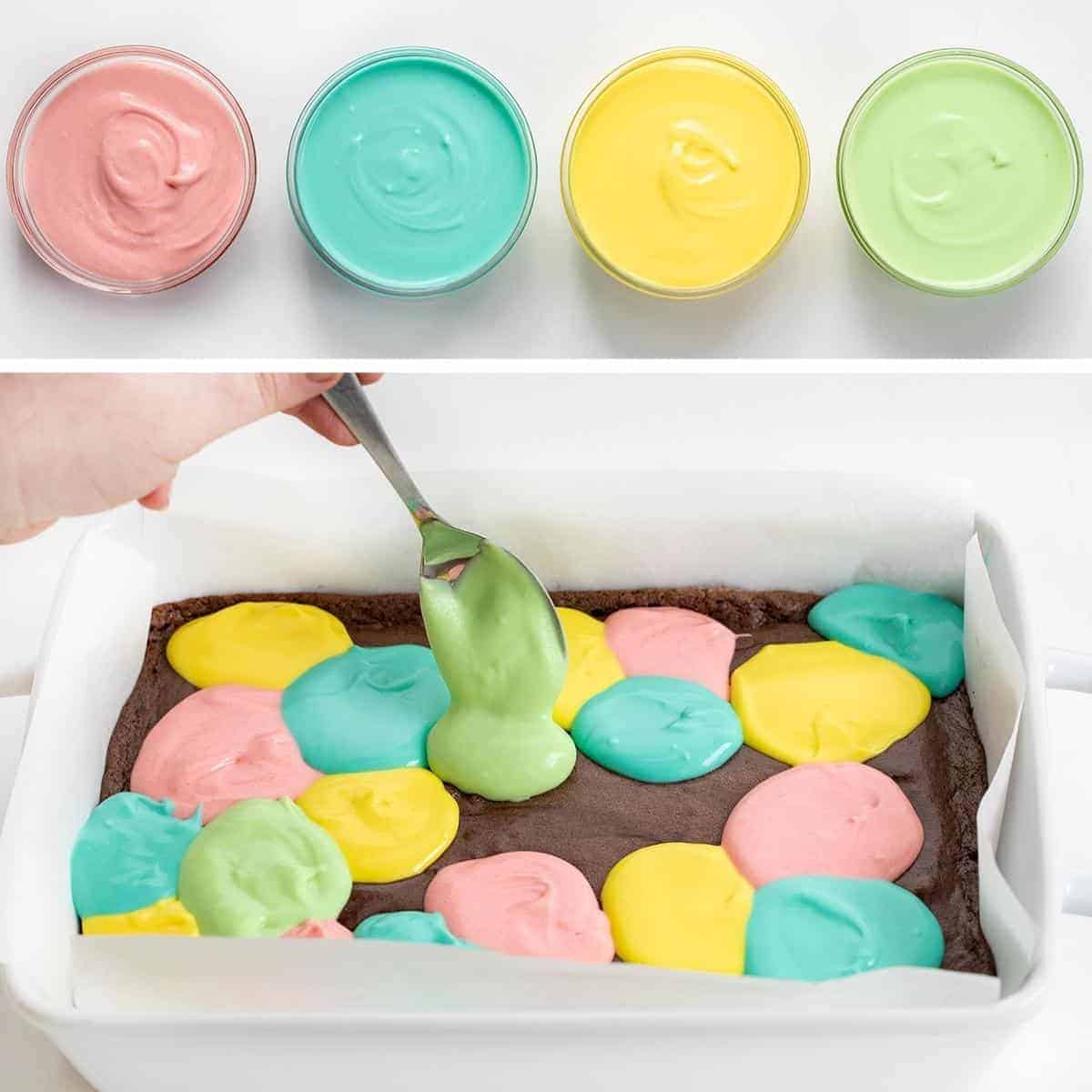 Easter Brownie Bars are a layer of fudgy brownies topped and baked with a colorful cheesecake layer. It is a simple combination of brownie and cheesecake, but made fun with some Easter-inspired colors! Baking, Easter Dessert, Brownies, Colorful Brownies, Chocolate, Chocolate Brownies, Dessert, Cheesecake, food photography, recipes, i am baker, iambaker Pastel Easter Cheesecake in Bowls and then Being Dolloped onto Brownies