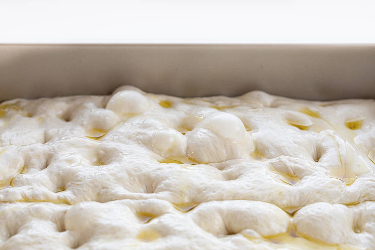Bubbles in Sourdough Focaccia Dough.