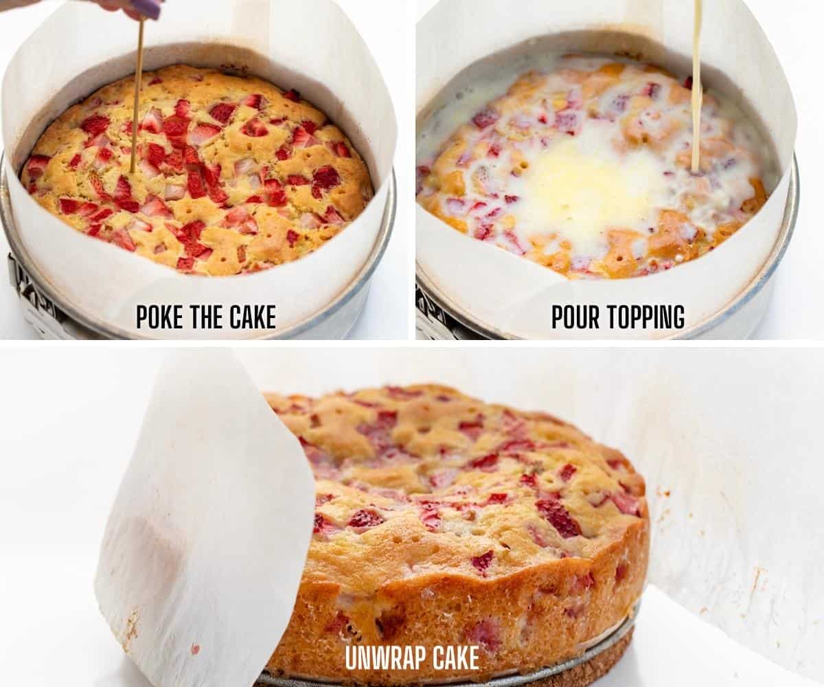 THE BEST STRAWBERRY CAKE YOU'LL EVER MAKE! This Fresh Strawberry Cake is a moist and fluffy cake filled and topped with fresh strawberries, baked to perfection, drenched in a sweet warm milk mixture, and dusted with confectioners' sugar. It's a refreshing and delightful treat! Steps for Making a Fresh Strawberry Cake by Poking Holes, Pouring Topping, and then Unwrapping.