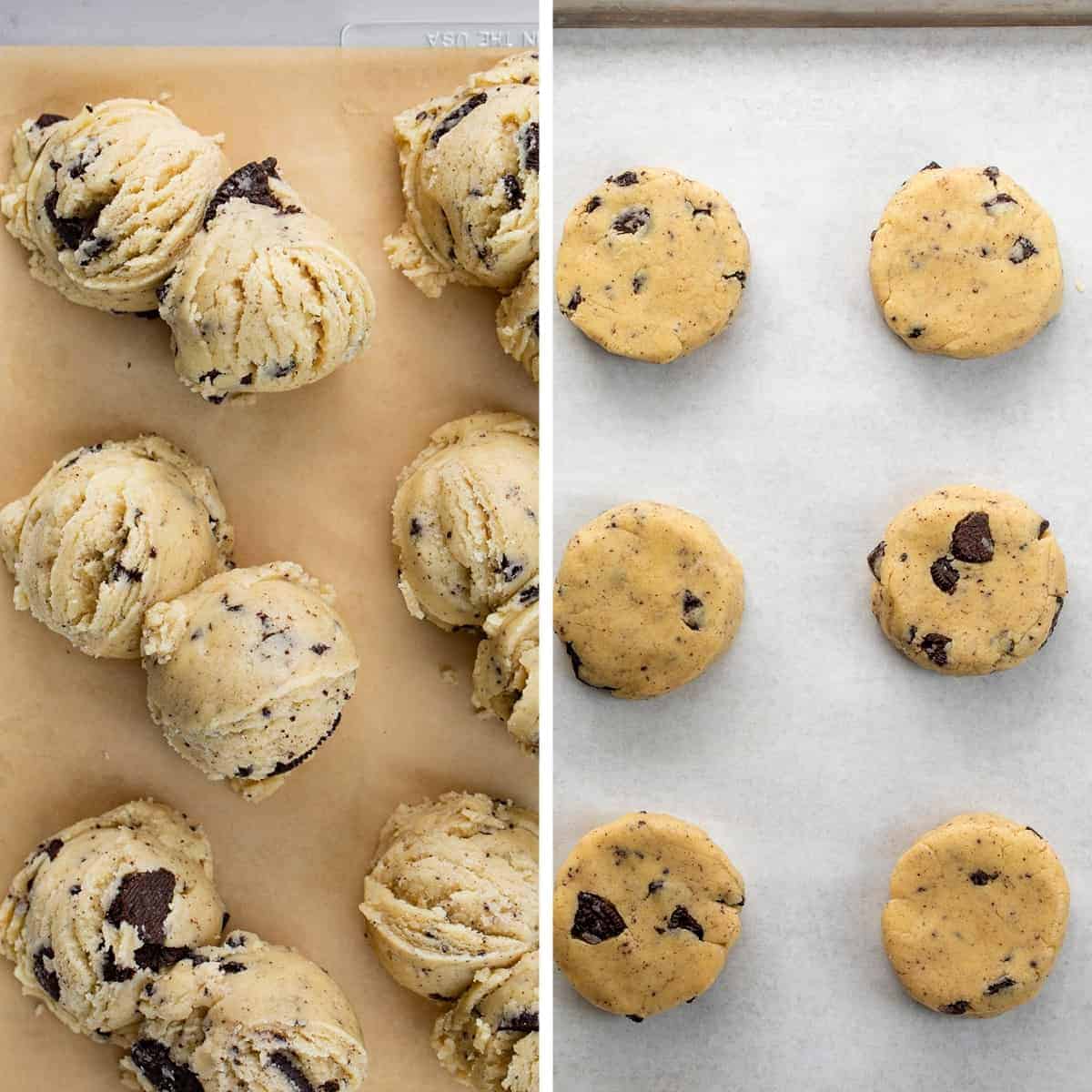 Copycat Crumbl Oreo Cookies are chilled, but super soft cookies that are filled with crushed Oreos and topped with homemade buttercream frosting. Cookies, Baking, Crumbl Cookie Recipe, Copycat Cookies, Frosted Cookies, Oreo Cookies, Dessert, i am baker, iambaker, recipes Process for how much batter and how to flatten cookies and cream cookies
