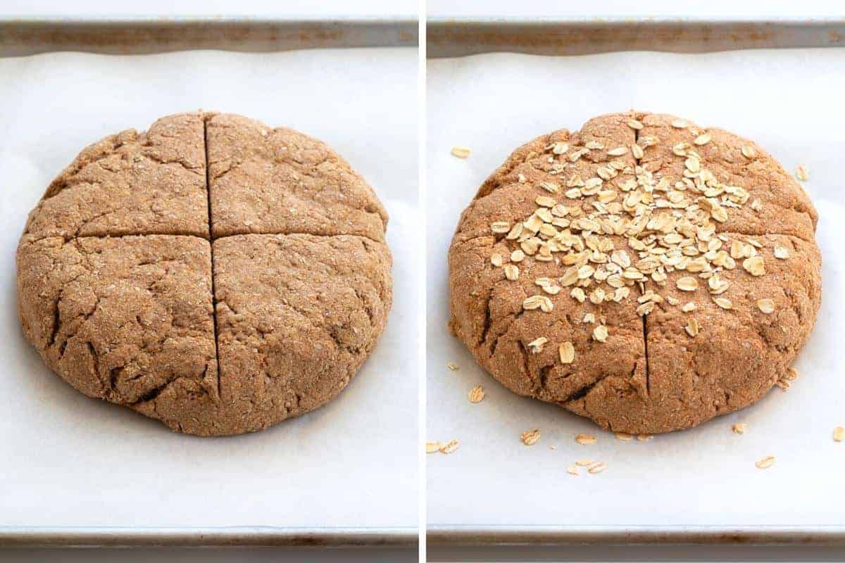 Irish Soda Bread is a dense quick bread that is made with whole wheat flour and bran with old-fashioned oats baked in on top. Irish Soda Bread, How to Make Real Irish Soda Bread, Soda Bread Recipe, Oat Soda Bread, St. Patricks Day, Bread, Recipes, Baking, i am baker, iambaker Steps for Scoring and Adding Oats to Irish Soda Bread