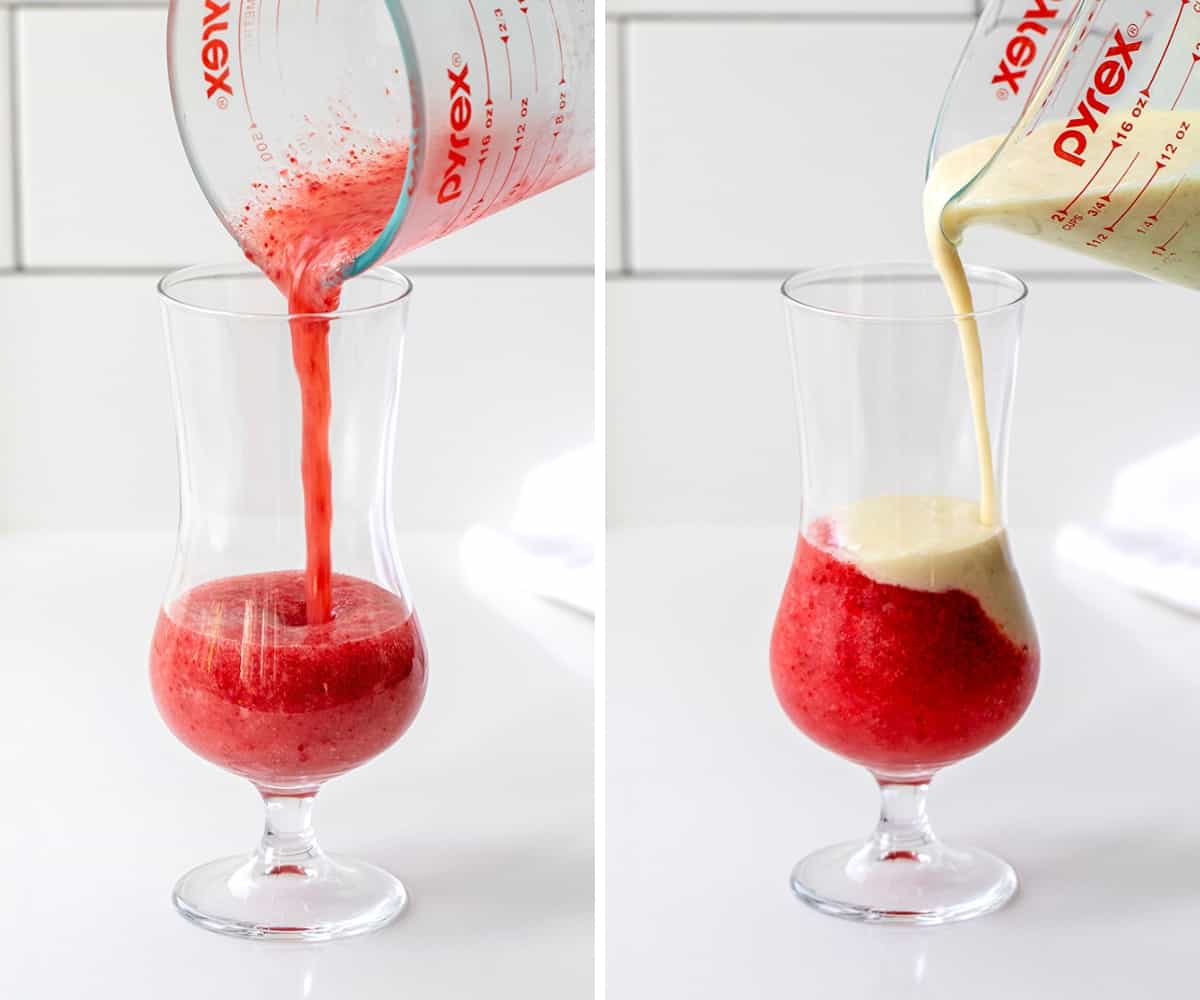 Lava Flow Drink is a tropical blended cocktail that combines the flavors of strawberries, pineapple, and coconut. It has a stunning visual appearance when the red layer flows into the creamy coconut layer, like an erupting volcano! Adding Liquids to Cocktail Glass to Make Lava Flow Drink.