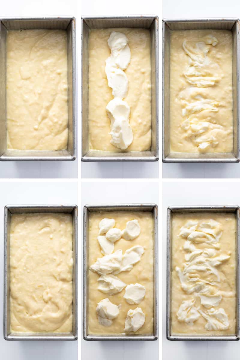 Lemon Cream Cheese Loaf is a moist and tender cake bursting with lemon flavor with a rich cream cheese swirl. It is delicious and visually stunning, with a beautiful marbled pattern from the swirl. It's a delightful option for breakfast, brunch, a sweet snack, or dessert! Steps for Adding Cream Cheese and Swirling Cream Cheese in Lemon Cake Batter in a Loaf Pan.