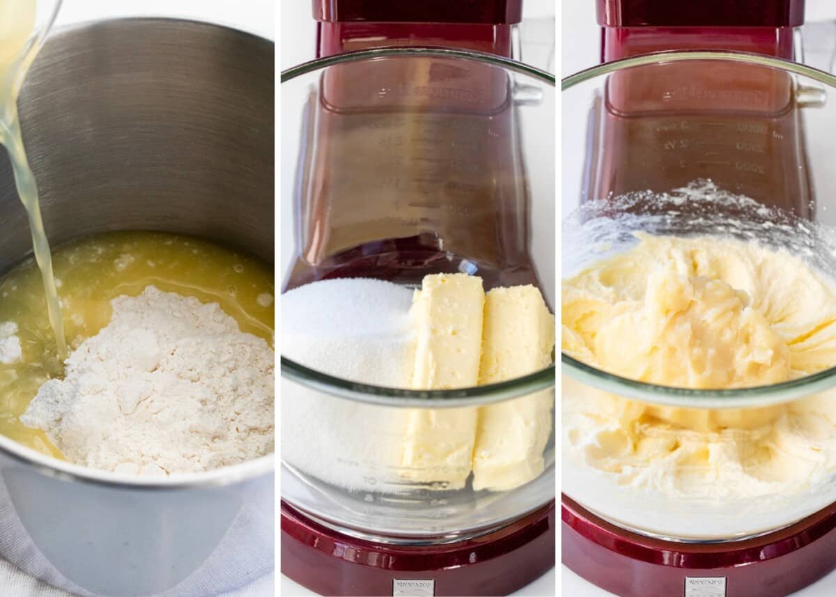 Lemon Ermine Frosting is a smooth, creamy, and buttery frosting made with a cooked lemon juice and flour mixture for just the right lemony zing in every taste. It has a smooth-as-silk texture and a POP of bright lemon tartness that pairs so well with the subtle sweetness of classic ermine frosting. It will give many baked goods a bright lemon flavor! It is perfect for piping and frosting cakes! Steps for making the heated flour mixture then adding butter and sugar to stand mixer and then adding flour mixture to stand mixer to make Lemon Ermine Frosting.