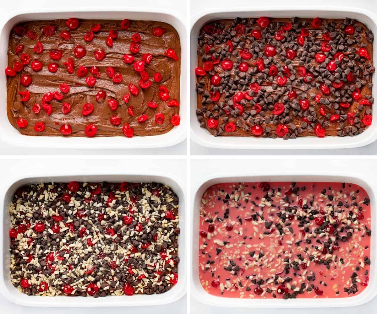 Cherry Chocolate Magic Brownies start with a brownie base topped and baked with maraschino cherries, chocolate chips, almonds, and sweetened condensed milk. It's like enjoying chocolate-covered cherries in a brownie! Process for adding ingredients to a pan for Cherry Chocolate Magic Brownies.