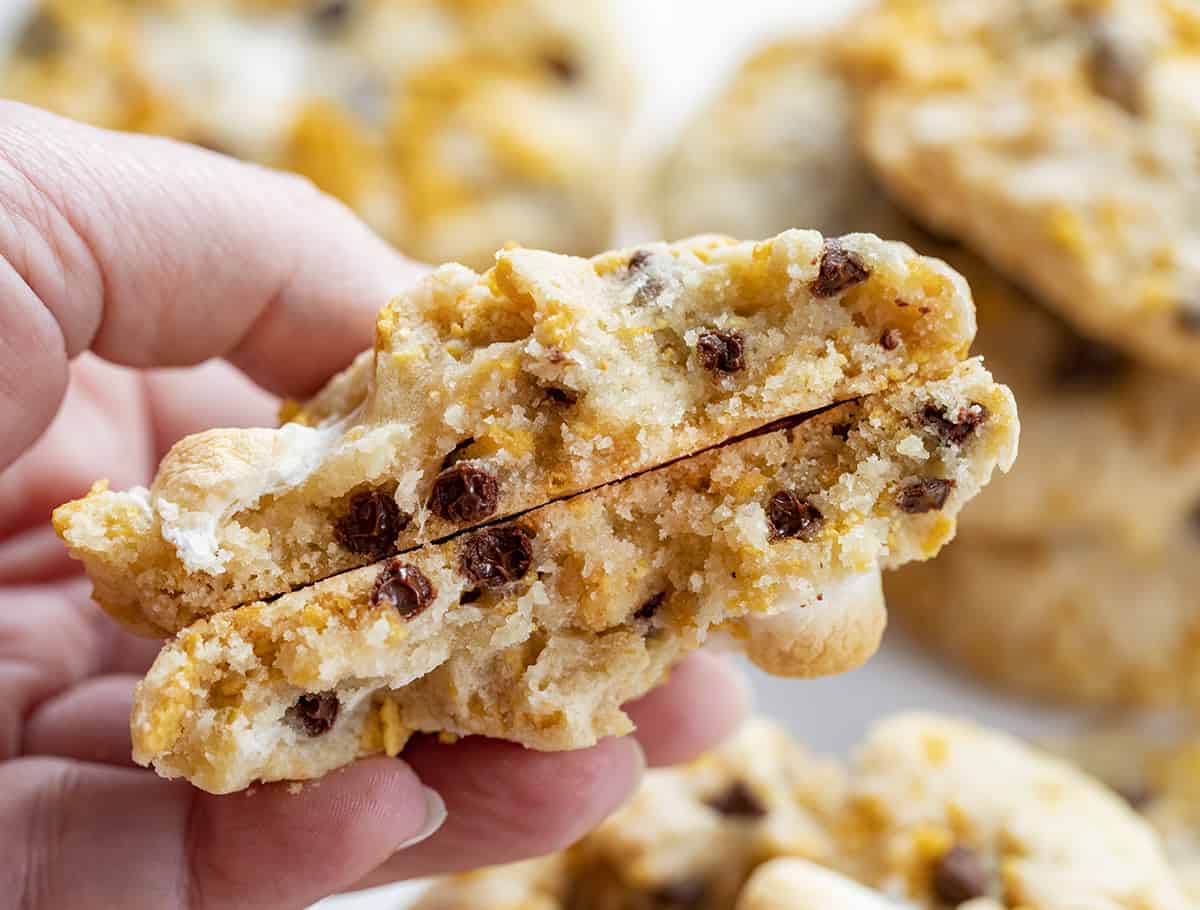 Cornflake Marshmallow Cookies are made with a baked cornflake crunch, chocolate chips, and mini marshmallows for a sweet and salty treat. Cookies, Baking, Milkbar, Milk Bar Cookies, dessert, cornflake cookies, marshmallow cookies, chocolate chip marshmallow cookies, i am baker, iambaker, recipes Cornflake Marshmallow Cookies {Milk Bar Copycat}
