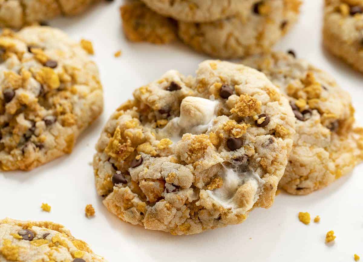Cornflake Marshmallow Cookies are made with a baked cornflake crunch, chocolate chips, and mini marshmallows for a sweet and salty treat. Cookies, Baking, Milkbar, Milk Bar Cookies, dessert, cornflake cookies, marshmallow cookies, chocolate chip marshmallow cookies, i am baker, iambaker, recipes Cornflake Marshmallow Cookies {Milk Bar Copycat}