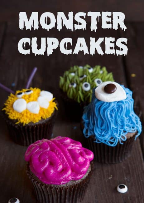 A few decorators tips and some all-natural food color make these the PERFECT Halloween treat! #iambaker #decorativecupcakes #chocolatecupcakes #monstercupcakes #halloweentreats #baking #desserts Monster Cupcakes labeled
