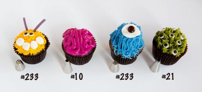 A few decorators tips and some all-natural food color make these the PERFECT Halloween treat! #iambaker #decorativecupcakes #chocolatecupcakes #monstercupcakes #halloweentreats #baking #desserts Monster Cupcakes with decorating tips used for each cupcake.
