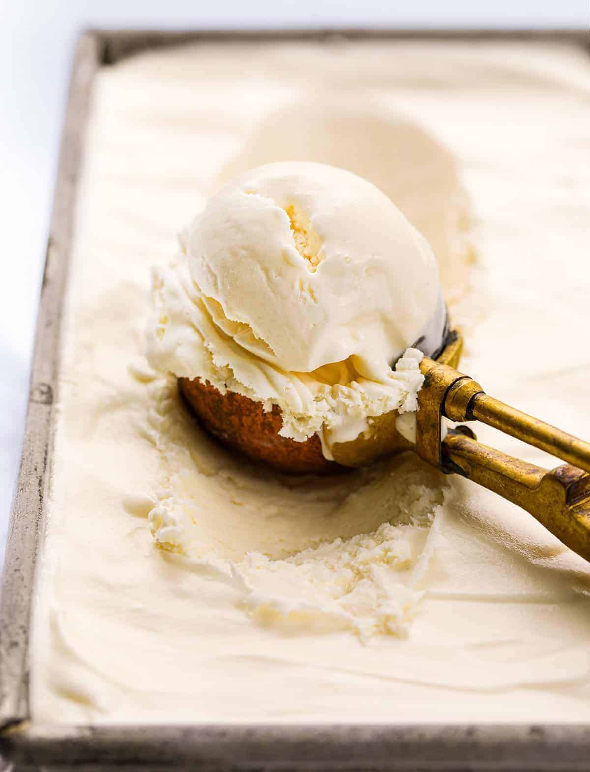 No Churn Vanilla Ice Cream or Four Ingredients Ice Cream. There is no special equipment needed to make this batch of fantastic homemade vanilla ice cream. Ice Cream Recipes, Ice Cream, Vanilla Ice Cream Recipes, How to Make Ice Cream, Food Photography, Ice Cream Food Photography, Homemade Ice Cream with No Machine, dessert, no bake dessert, BBQ Dessert, Cookout Dessert, i am baker, iambaker Filled Scoop of No Churn Vanilla Ice Cream