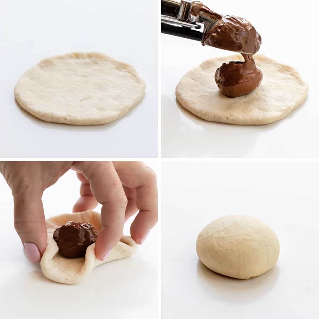 Nutella Bombs are sweet treats made with just four simple ingredients and cooked in an air fryer. They start with a can of refrigerated biscuits that are separated and filled with Nutella. After rolled up into balls, they are cooked to a golden brown. Then, to top it all off, literally, confectioners' sugar is dusted over the tops. Each bite is bursting with Nutella! (I will also let you know how to bake these in the oven. Steps for Using Dough, Nutella, Folding Dough, and Rolling into a Ball to Make Nutella Bombs.