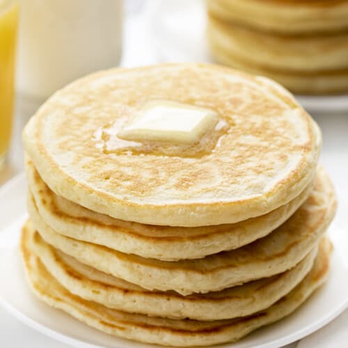 Stack of Old Fashioned Pancakes with Breakfast Settings. Breakfast, Pancakes, Old Fahsioned Pancakes, Classic Pancake Recipe, Grandma's Pancake Recipe, i am baker, iambaker.