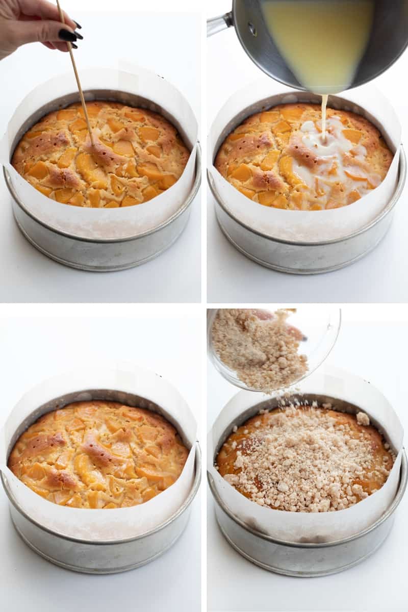 Peach Cake is loaded with peaches, baked to a tender and moist crumb, then drenched with a sweet warm milk mixture and sprinkled with a crumble topping. This is an absolute must-try for anyone who loves peaches or is simply craving a sweet dessert! Steps for Poking Peach Cake Then Drizzling Sauce then Adding Crumble to Peach Cake.