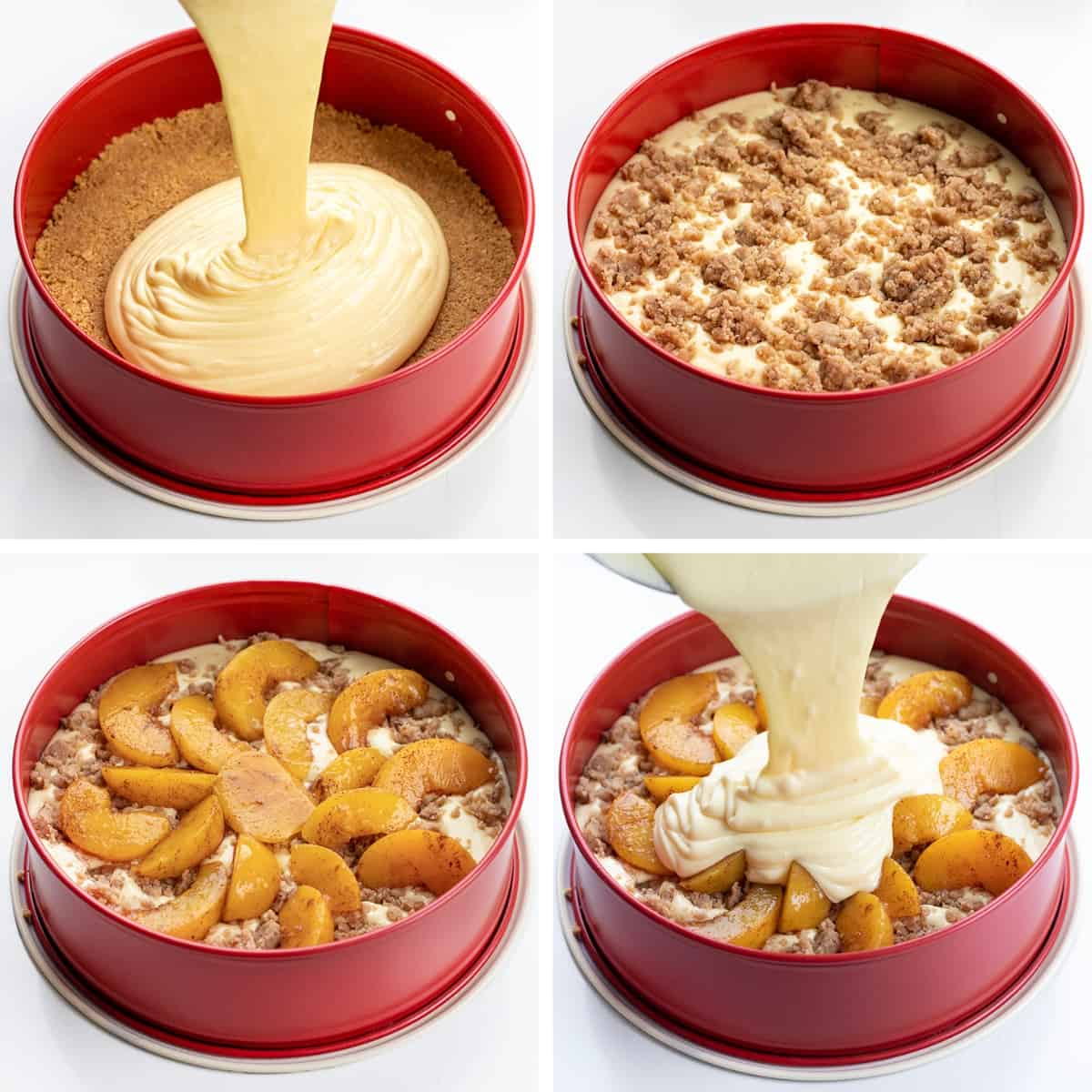 Peach Crumble Cheesecake is a buttery graham cracker crust topped with layers of cheesecake, crumbly streusel, and peaches! You will enjoy the creaminess of the cheesecake with the juicy peaches and the streusel texture in each delectable bite. Steps for adding crust, cheesecake filling, crumble, and peaches to Peach Crumble Cheesecake.
