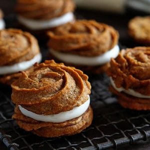 Pumpkin Rose Sandwich Cookies with Caramel Cream Cheese Frosting!