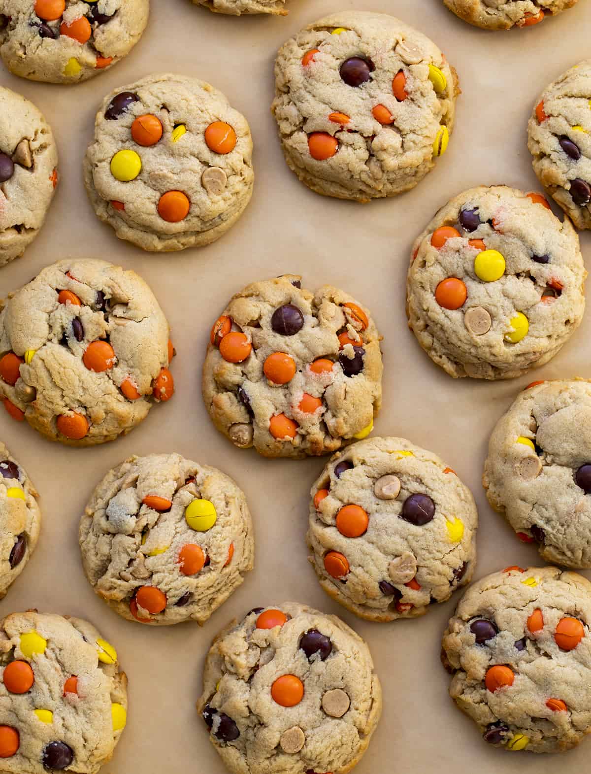 These Reese’s Pieces Peanut Butter Cookies are a cookie lovers dream come true! As you can probably tell, I did not skimp on the peanut butter flavor in these cookies. They are the ultimate peanut butter cookie. There is peanut butter in the dough, as well as peanut butter chips, and two whole cups of Reese’s pieces! These cookies are so gooey in the center and perfectly crisp on the outside! (Perfect for a Christmas charcuterie board or Cookie Exchange!) Reese's Pieces Peanut Butter Cookies from Overhead on Parchment Paper.