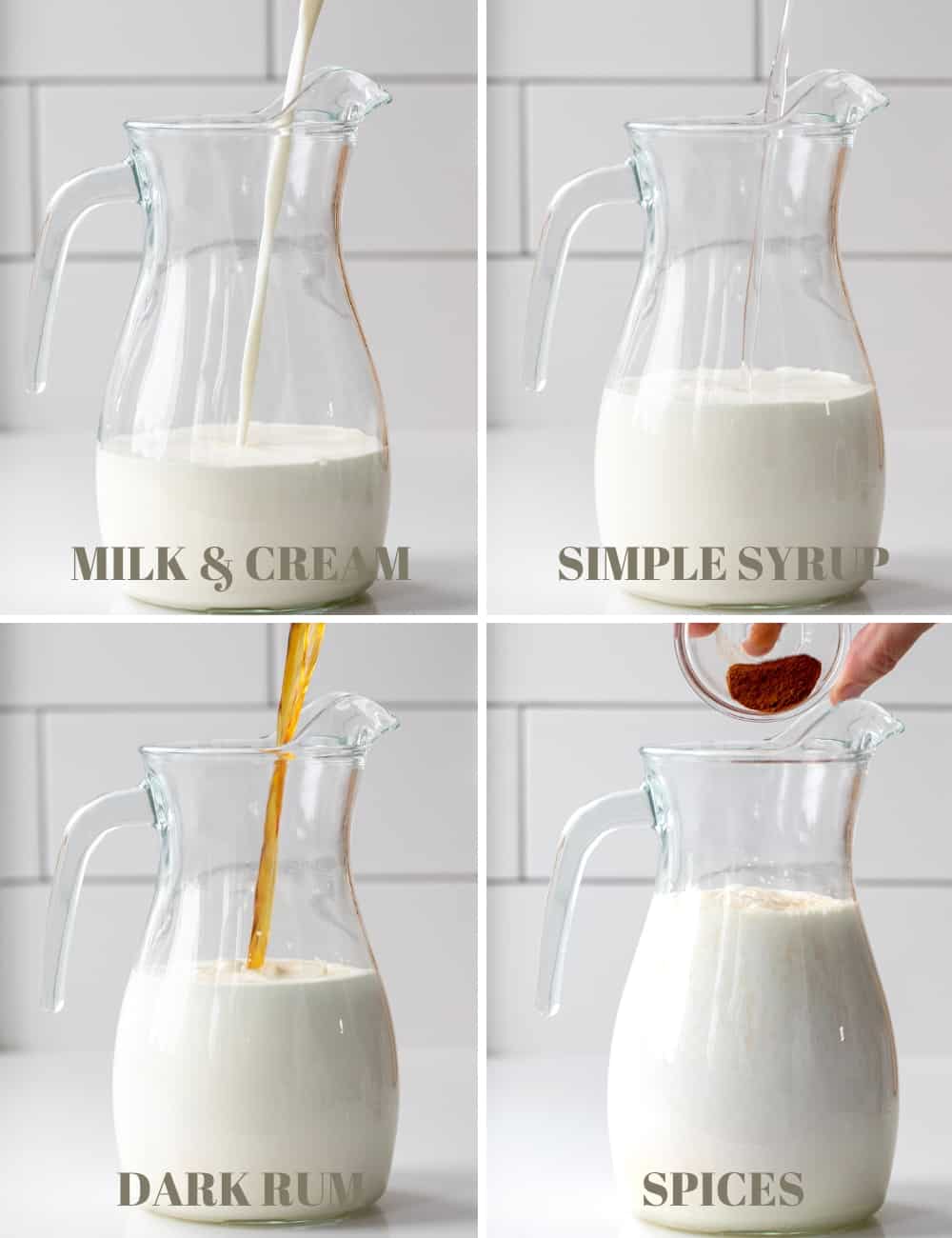 If you love a smooth, creamy cocktail... this is the recipe for you! RumChata is described as a Caribbean rum that blends with Mexican spices and cream. It is the perfect addition to many cocktails and smart to have on hand during the holidays! Perfect for Christmas Cocktails, New Years Eve Cocktails, or even your company Christmas Party! Steps of adding milk, cream, simple syrup, rum, and spices to a glass pitcher to make homemade rumchata.