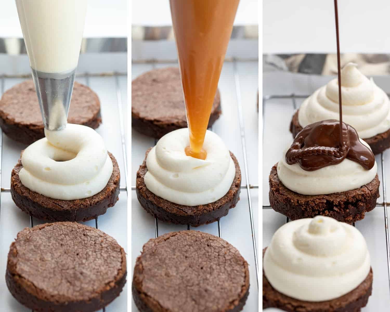 Salted Caramel Brownie Marshmallow Hi-Hats are brownies piled high with marshmallow buttercream and a caramel center that are then coated with melted chocolate and sprinkled with sea salt. Hi Hat, Brownie Treats, Brownie Dessert, Desserts, Chocolate Dessert, Salted Caramel, Marshmallow Buttercream, Salted Caramel Chocolate Hi-Hat, i am baker, iambaker How to Assemble Salted Caramel Brownie Hi-Hat