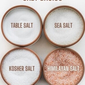 Showing Four Different Salts, Table Salt, Sea Salt, Kosher Salt, and Himalayan Salt.