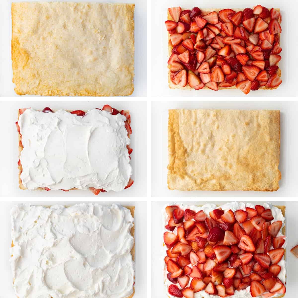 Sheet Pan Strawberry Shortcake is an elegant (but easy!) dessert that starts with the perfect white sheet cake cut in half and layered with fresh strawberries and a whipped cream cheese topping. It is a delicious and refreshing variation of the classic dessert perfect for summertime or any occasion! Steps for Adding Layers to Make a Sheet Pan Strawberry Shortcake with Strawberries and Whipped Topping.