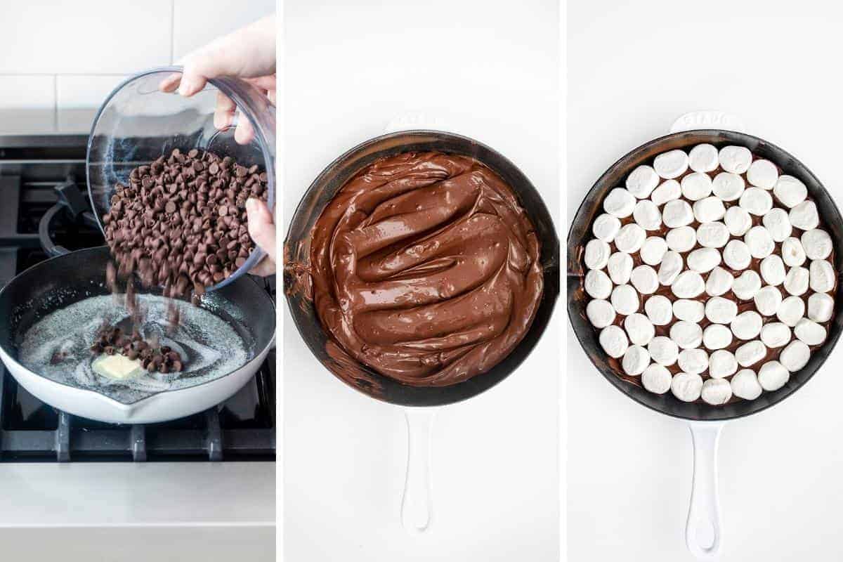 S'mores Dip is a warm, ooey-gooey, chocolatey dip made with melted chocolate chips that are topped with marshmallows and toasted in the oven. Appetizer, Dessert Appetizer, Smores Dip, Smores Dip in the Oven, Dessert, Chocolate, Marshmallow Dip, Skillet Desserts, Skillet Recipes, i am baker, iambaker Adding Chocolate and Marshmallows to a Skillet for Smores Dip in a Skillet