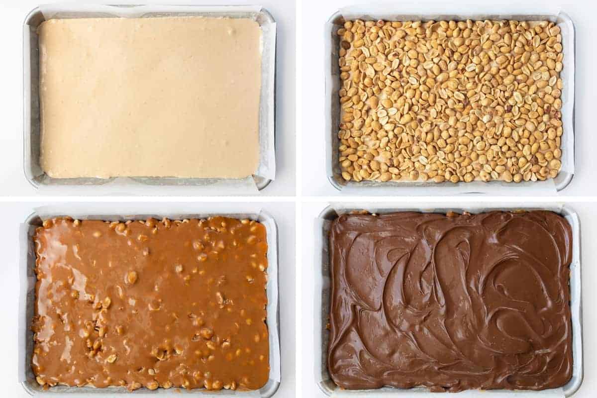 Homemade Snickers is one supersized Snickers bar made with a creamy nougat layer, nutty caramel layer, and a top layer of chocolate. Snickers, Homemade Candy Bars, Candy Bars, Chocolate, Nougat, Peanuts, dessert, snacks, recipes, no bake dessert, i am baker, iambaker Process Steps for Making Homemade Snickers Bars