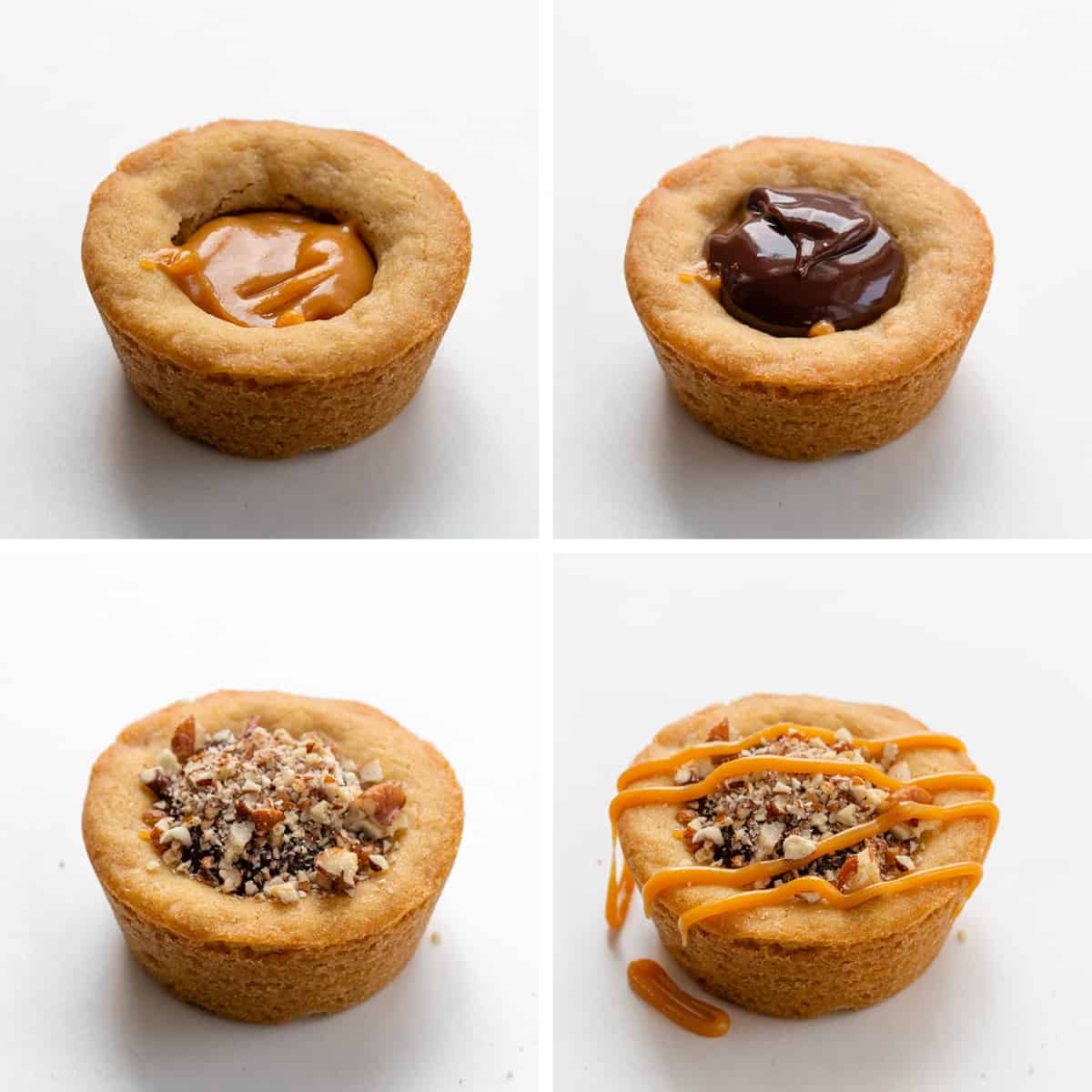 Turtle Cookie Cups are a heavenly combination of soft and chewy cookies, homemade caramel, rich chocolate ganache, crunchy pecans, and a hint of salt. They are a delightfully indulgent treat made with the classic flavors of a turtle dessert in a cookie cup that is baked in a muffin tin. Steps for Building a Turtle Cookie Cup.