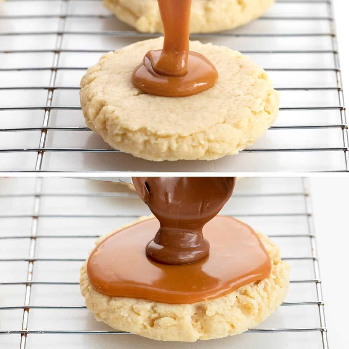 Twix Cookies are large, soft butter cookies topped with caramel sauce and melted milk chocolate. These cookies are like eating a Twix candy bar... but in cookie form! The super-soft cookies are topped with "homemade" caramel and milk chocolate, just like the famous candy bar. Baking, Cookies, Cookie Recipes, Dessert, Caramel Cookies, Caramel Recipe, Milk Chocolate, Kid Approved Snacks, i am baker, iambaker Adding Caramel and Then Chocolate to a Butter Cookie Base for Twix Cookie Recipe