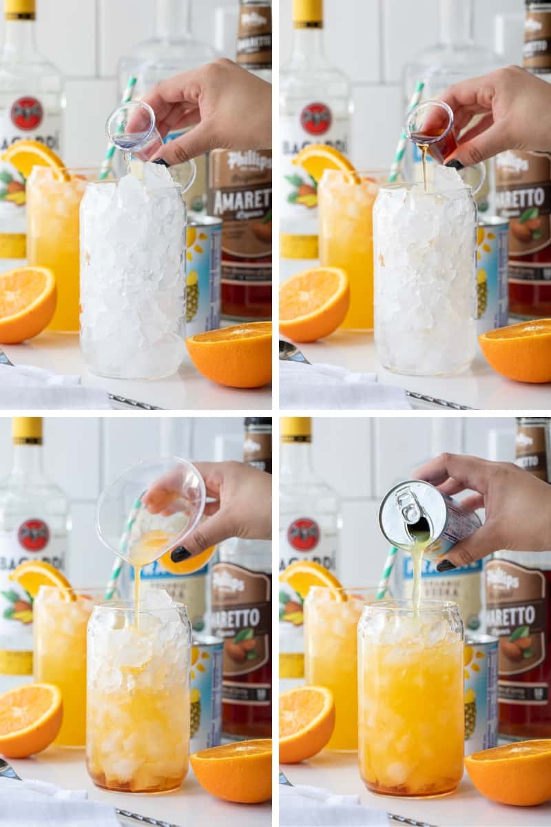 Yellow Hammer Slammer is an adult cocktail made with vodka, pineapple rum, amaretto, orange juice, and pineapple juice. It's a refreshing drink that is based on a cocktail that was created in Gallettes bar in Tuscaloosa, Alabama. It's their signature drink (Yellow Hammer) that is most popular on game day, meaning Alabama football games. But, you can recreate the drink at home, no need to wait for football season! Adding individual Ingredients to Make Yellow Hammer Slammer Cocktail.