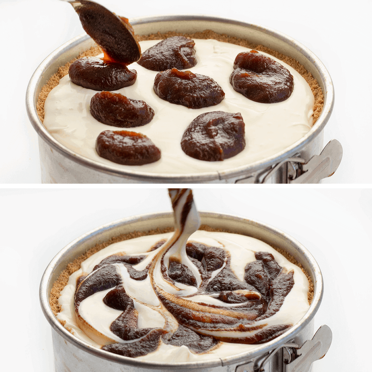 Apple Butter Cheesecake is a no-bake cheesecake made with a graham cracker crust filled with a creamy cheesecake and apple butter swirl. Cheesecake, Apple Butter Cheesecake, No Bake Cheesecake, Classic Cheesecake, Dessert, recipes, i am baker, iambaker How to Add Apple Butter to Cheesecake