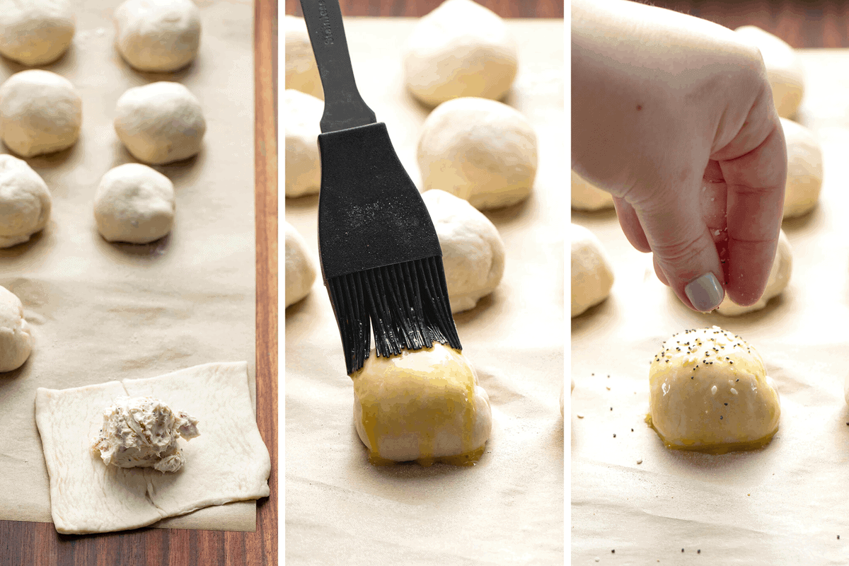 Stuffed Bagel Bites are pieces of pizza dough wrapped around a cream cheese and bacon mixture, topped with an egg wash and everything seasoning. Appetizer, Bagel Bites, Easy Homemade bagel Bites, Hw to Make Bagel Bites, Starbucks Recipes, i am baker, iambaker, recipes, air fryer bagel bites How to Make Bagel Bites - process images in collage