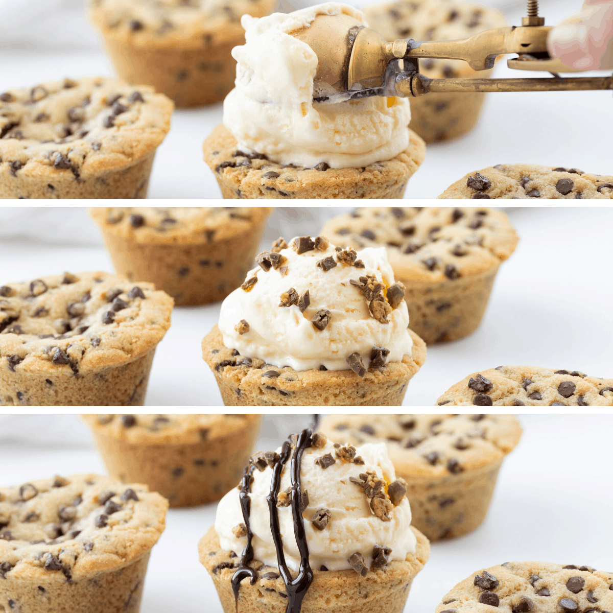 Chocolate Chip Cookie Cups is chocolate chip cookie dough baked in a muffin tin with a surprise mini Reese's Peanut Butter Cup nestled inside! Chocolate Chip Cookie Cups, Mini Chocolate Chip Cookie Cups, Cookie Cups, Cookies in Muffin Pan, Mini Chocolate Chip Cookie Recipe, Chocolate Chip Cookies Stuffed with Reese's, Reese's Chocolate Chip Cookies, Baking, Cookies, Cookie Recipes, CookieCups, i am baker, iambaker 3 images in collage showing how to add ice cream, chopped Reese's peanut butter cups, and hot fudge to a chocolate chip cookie cup